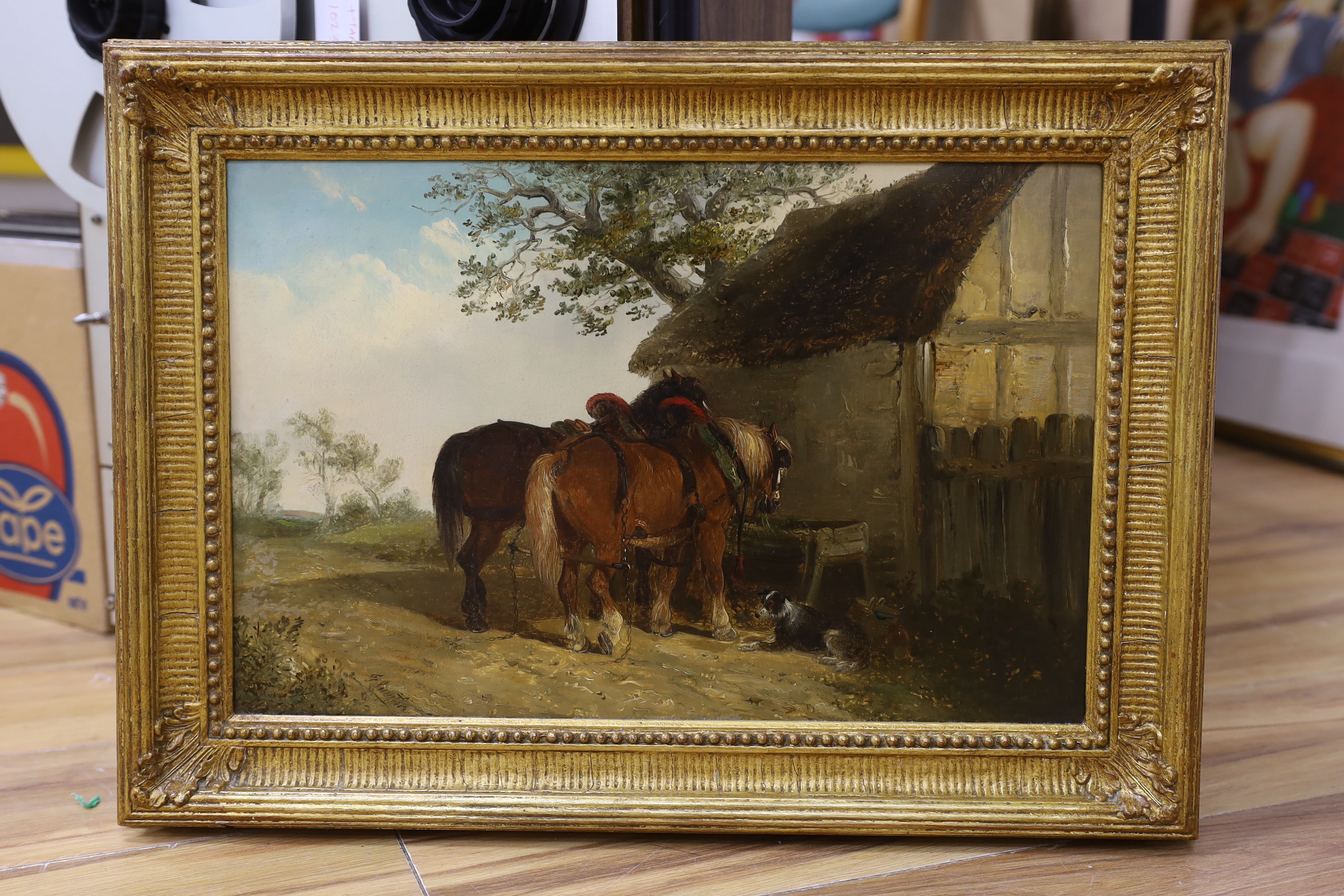 Thomas Smythe (1825-1906), oil on canvas, Plough horses and dog beside a stable, signed, 29 x 44cm